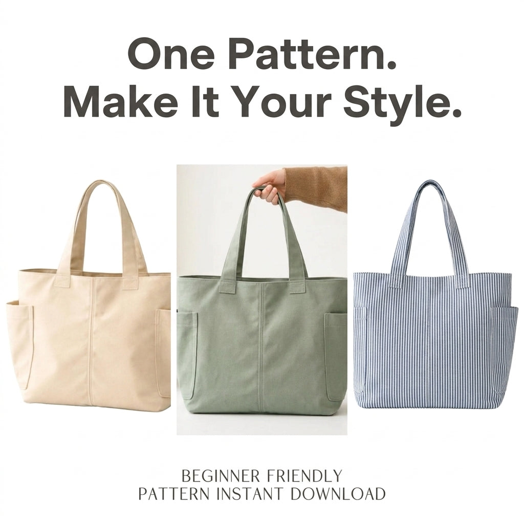 Canvas Tote Bag Sewing Pattern — Everyday Shopper with Side Pockets and Video Tutorial, Beginner Friendly, PDF Download