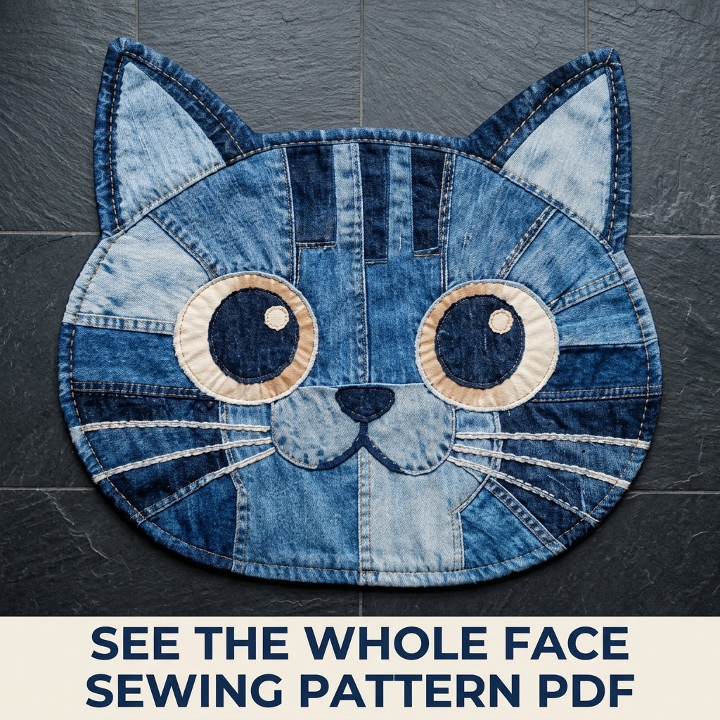 Denim Cat Face Rug Sewing Pattern PDF – Upcycled Jeans Cat Mat