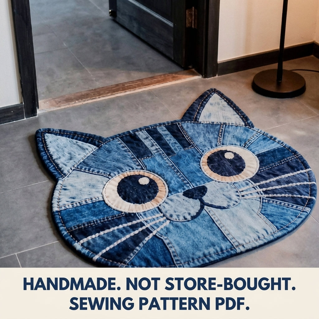Denim Cat Face Rug Sewing Pattern PDF – Upcycled Jeans Cat Mat