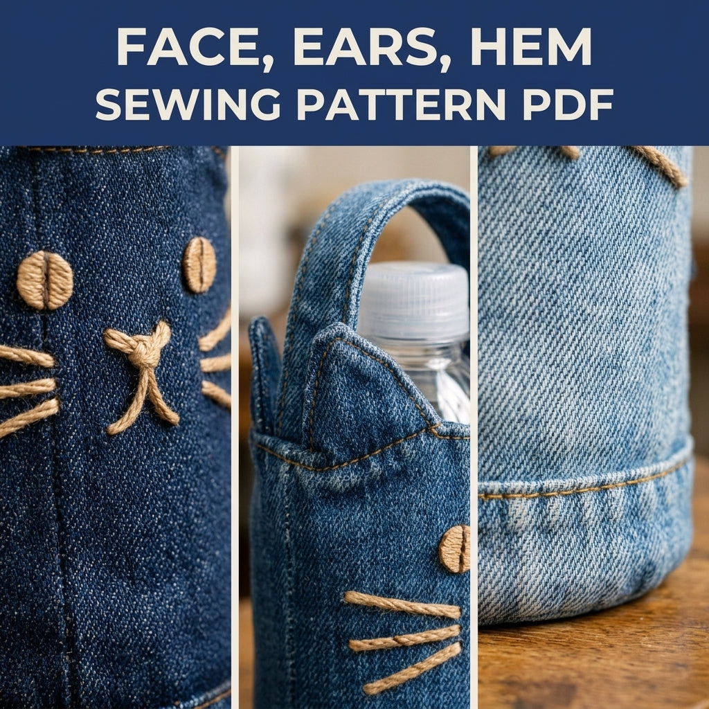 Denim Cat Bottle Bag Sewing Pattern PDF – Upcycled Jeans Water Bottle Holder