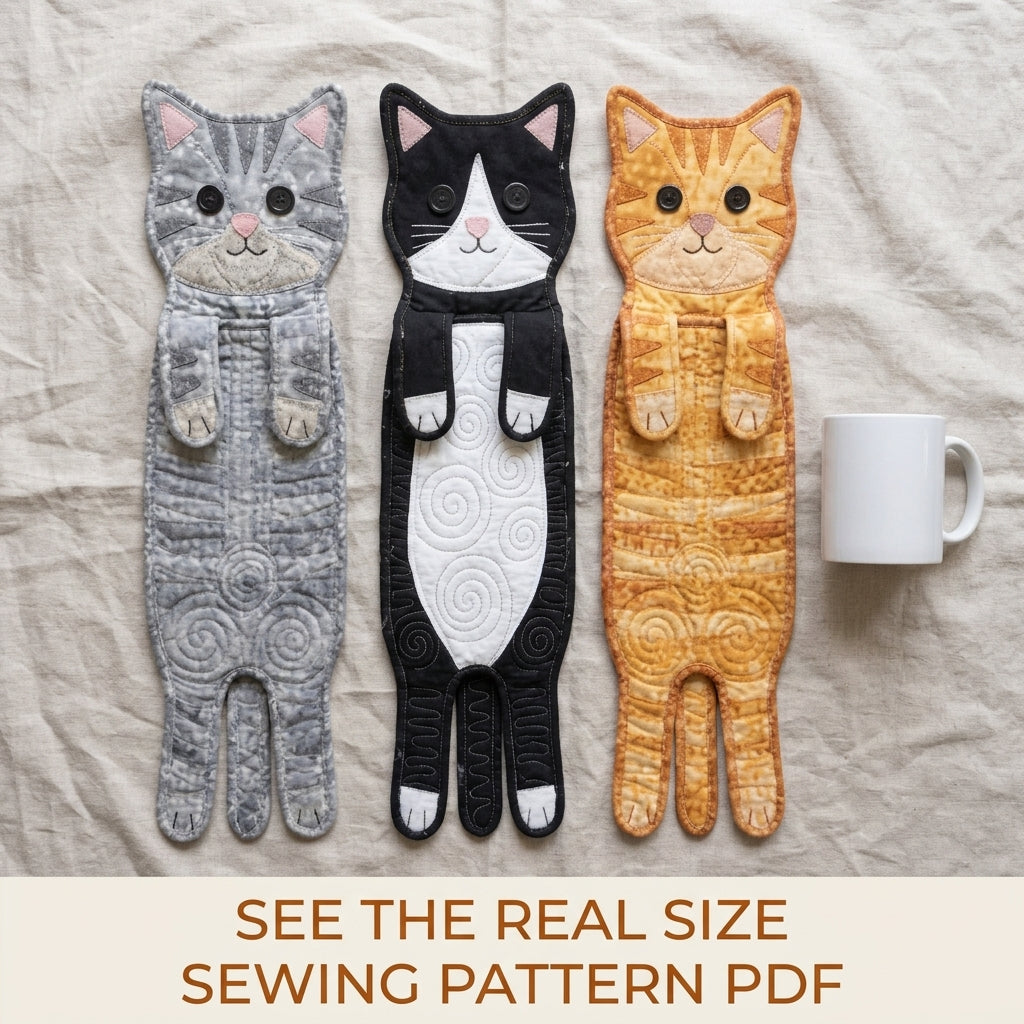 Quilted Cat Oven Towels Sewing Pattern PDF – Hanging Cat Kitchen Towels