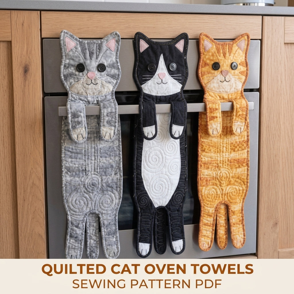 Quilted Cat Oven Towels Sewing Pattern PDF – Hanging Cat Kitchen Towels