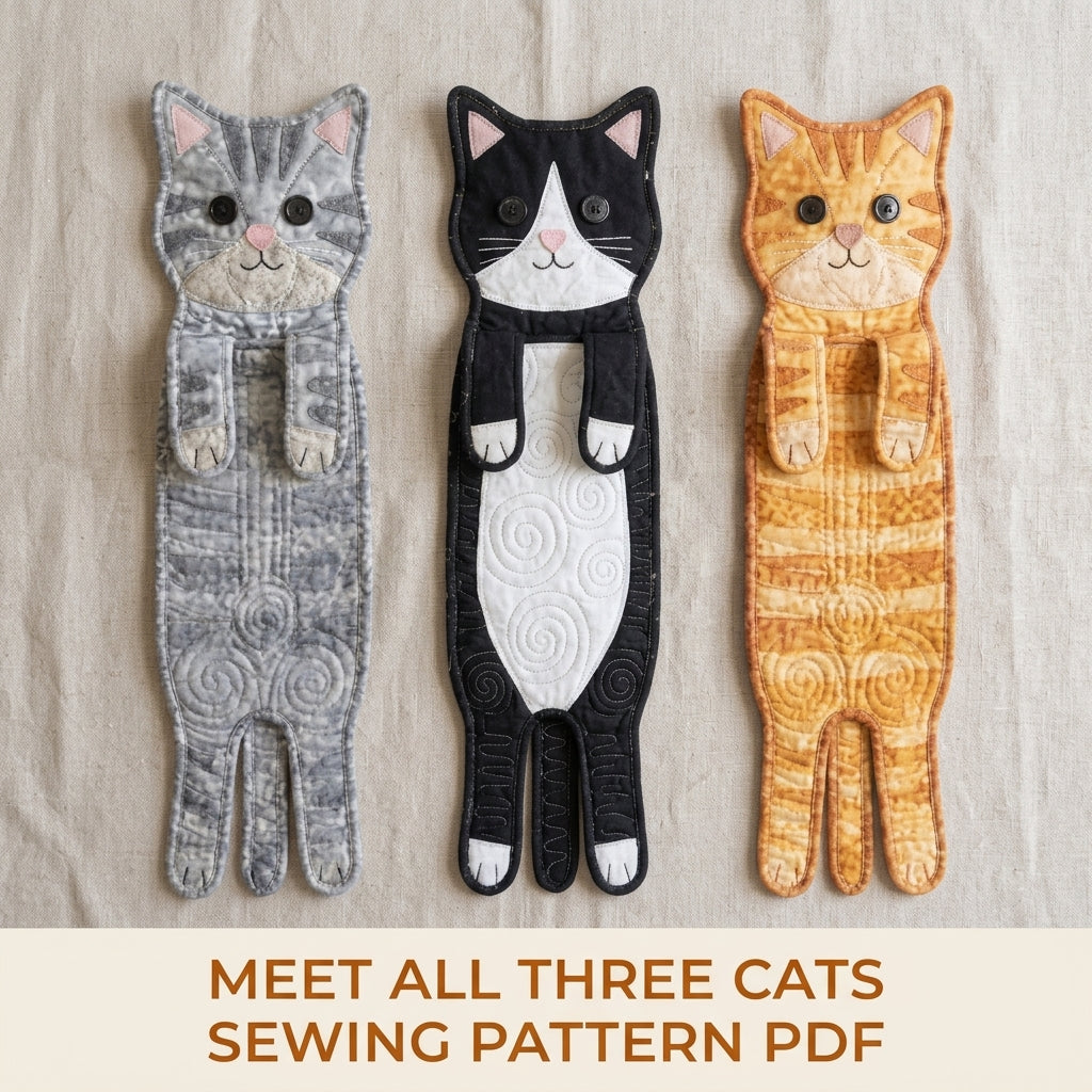 Quilted Cat Oven Towels Sewing Pattern PDF – Hanging Cat Kitchen Towels