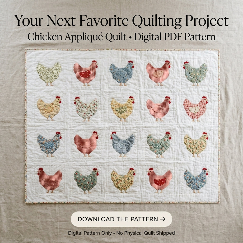 Chicken Quilt Pattern | Appliqué Hen Block Quilt in Gingham & Calico | Beginner Farmhouse Quilt | PDF Instant Download