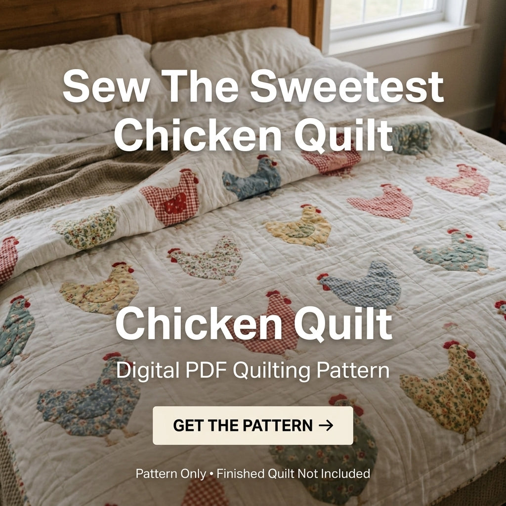 Chicken Quilt Pattern | Appliqué Hen Block Quilt in Gingham & Calico | Beginner Farmhouse Quilt | PDF Instant Download