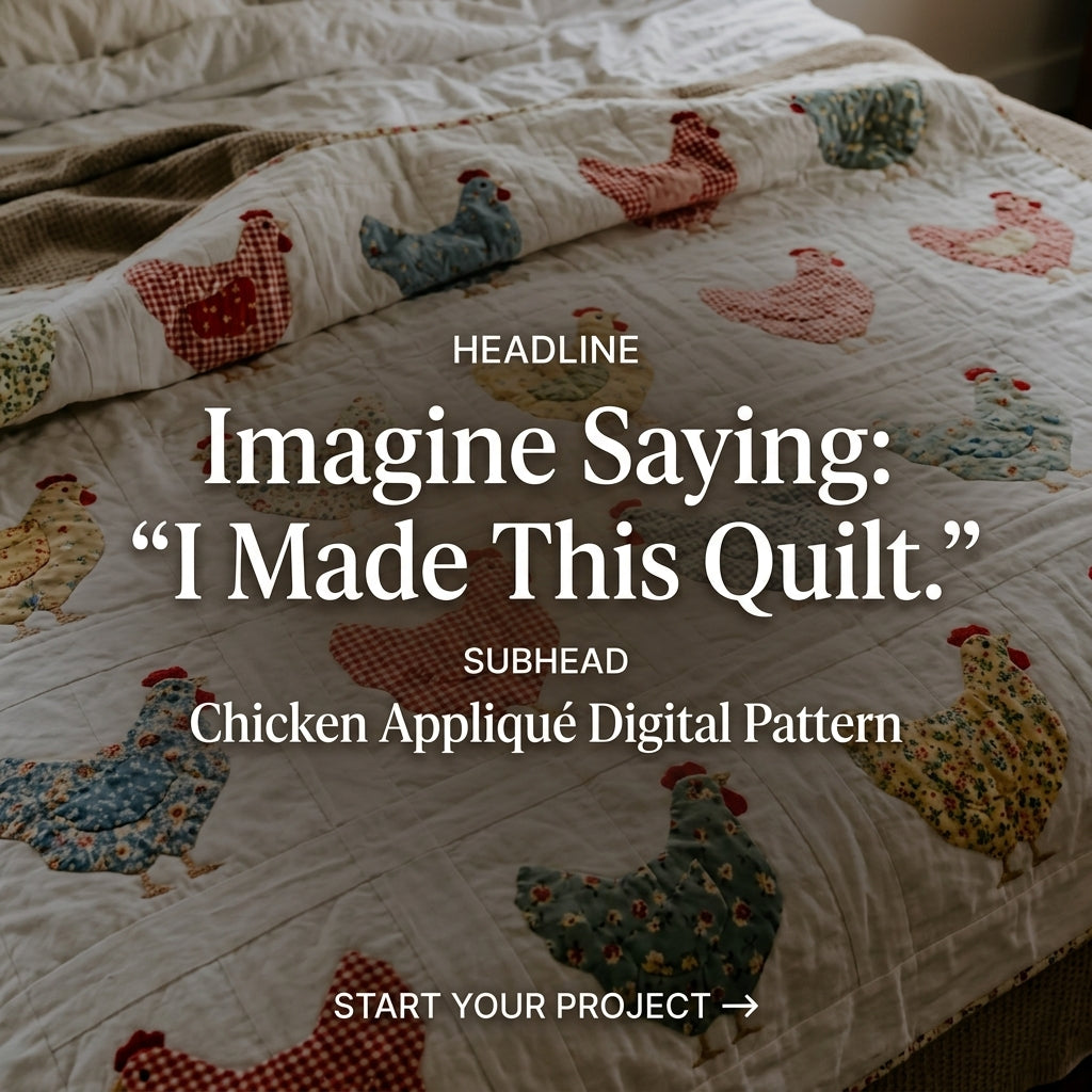 Chicken Quilt Pattern | Appliqué Hen Block Quilt in Gingham & Calico | Beginner Farmhouse Quilt | PDF Instant Download
