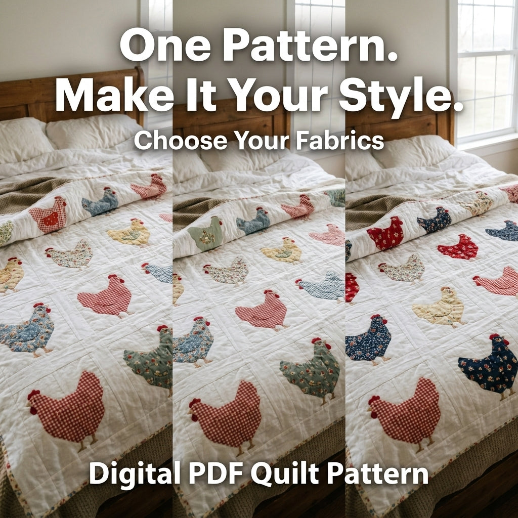 Chicken Quilt Pattern | Appliqué Hen Block Quilt in Gingham & Calico | Beginner Farmhouse Quilt | PDF Instant Download