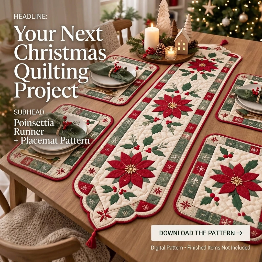 Poinsettia Christmas Table Runner & Placemats Quilt Pattern | Appliqué Runner Plus 4 Placemats | Scandinavian Holiday Table Set | PDF Instant Download