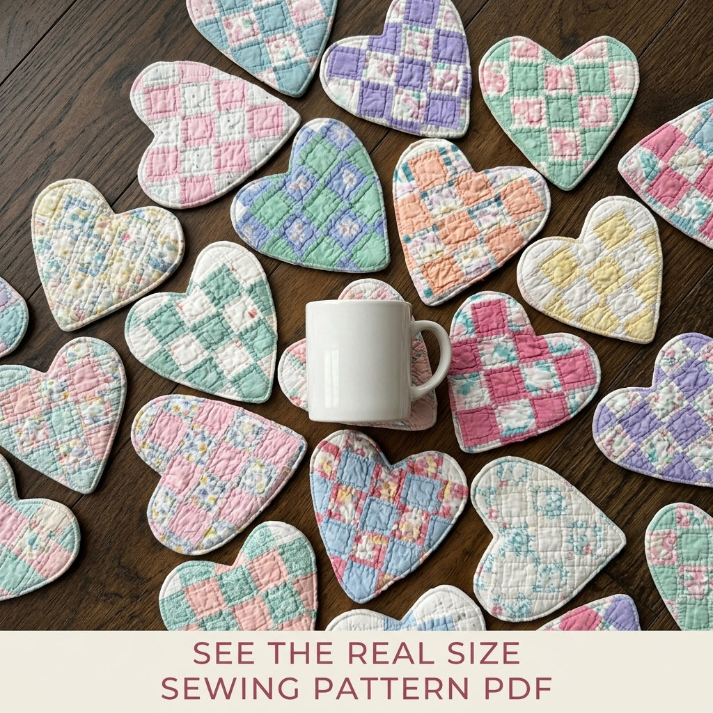Patchwork Heart Coasters Sewing Pattern PDF – Quilted Heart Mug Rugs from Scraps