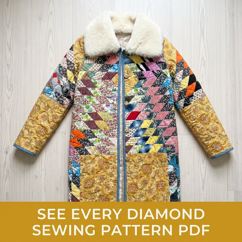 String Diamond Patchwork Long Quilted Coat Sewing Pattern PDF – String Diamond Patchwork Coat with Big Collar