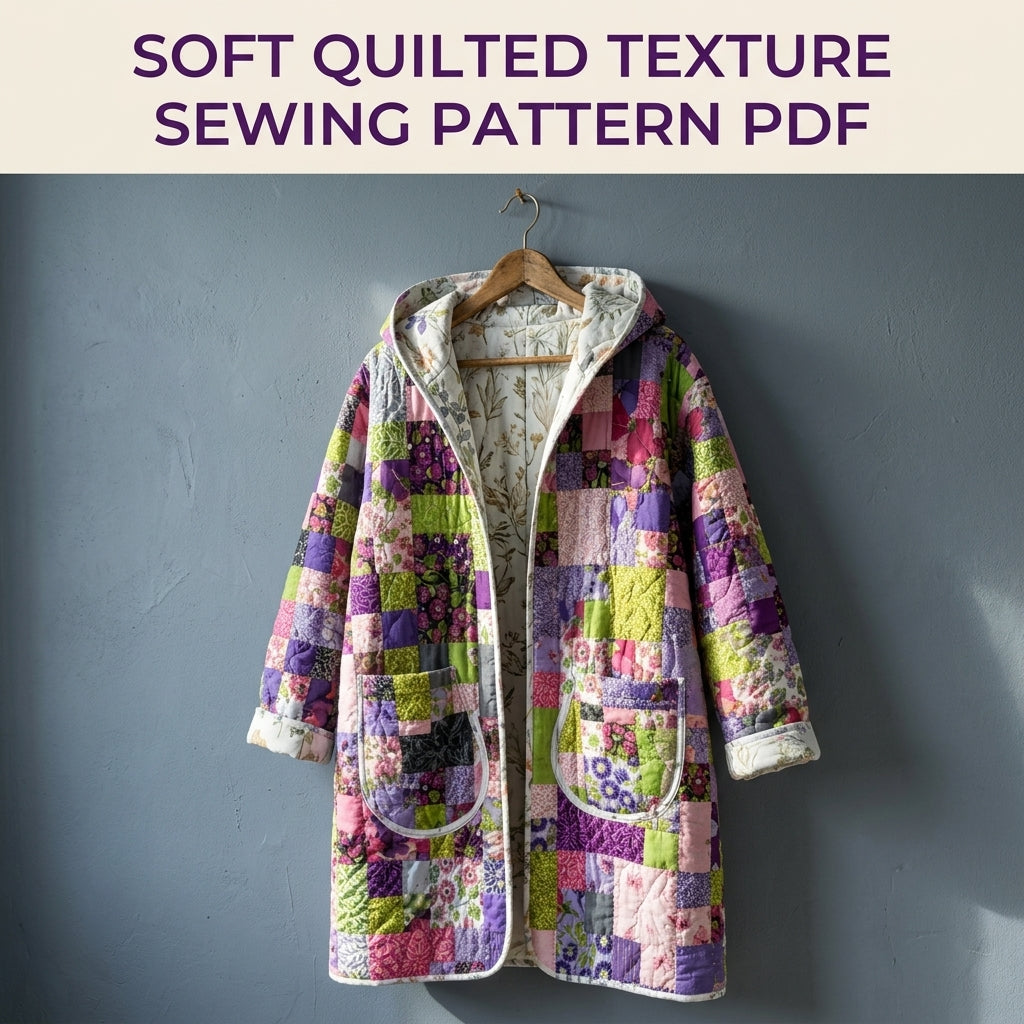 Hooded Patchwork Quilt Coat Sewing Pattern PDF – Long Quilted Coat with Hood