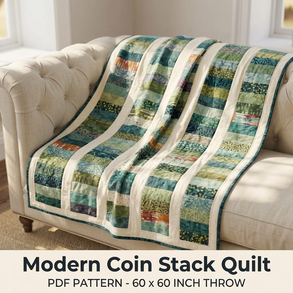 Modern Coin Stack Quilt Pattern PDF – Strip Throw Quilt with Batik Columns and Cream Sashing