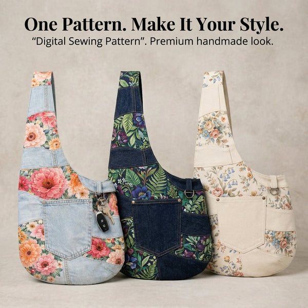 Upcycled Denim Sling Bag PDF Sewing Pattern | Patchwork Jeans & Floral