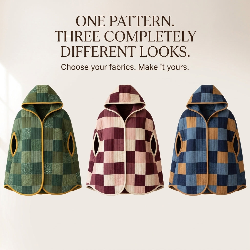 Quilted Cape Sewing Pattern – Hooded Patchwork Cape with Arm Slits