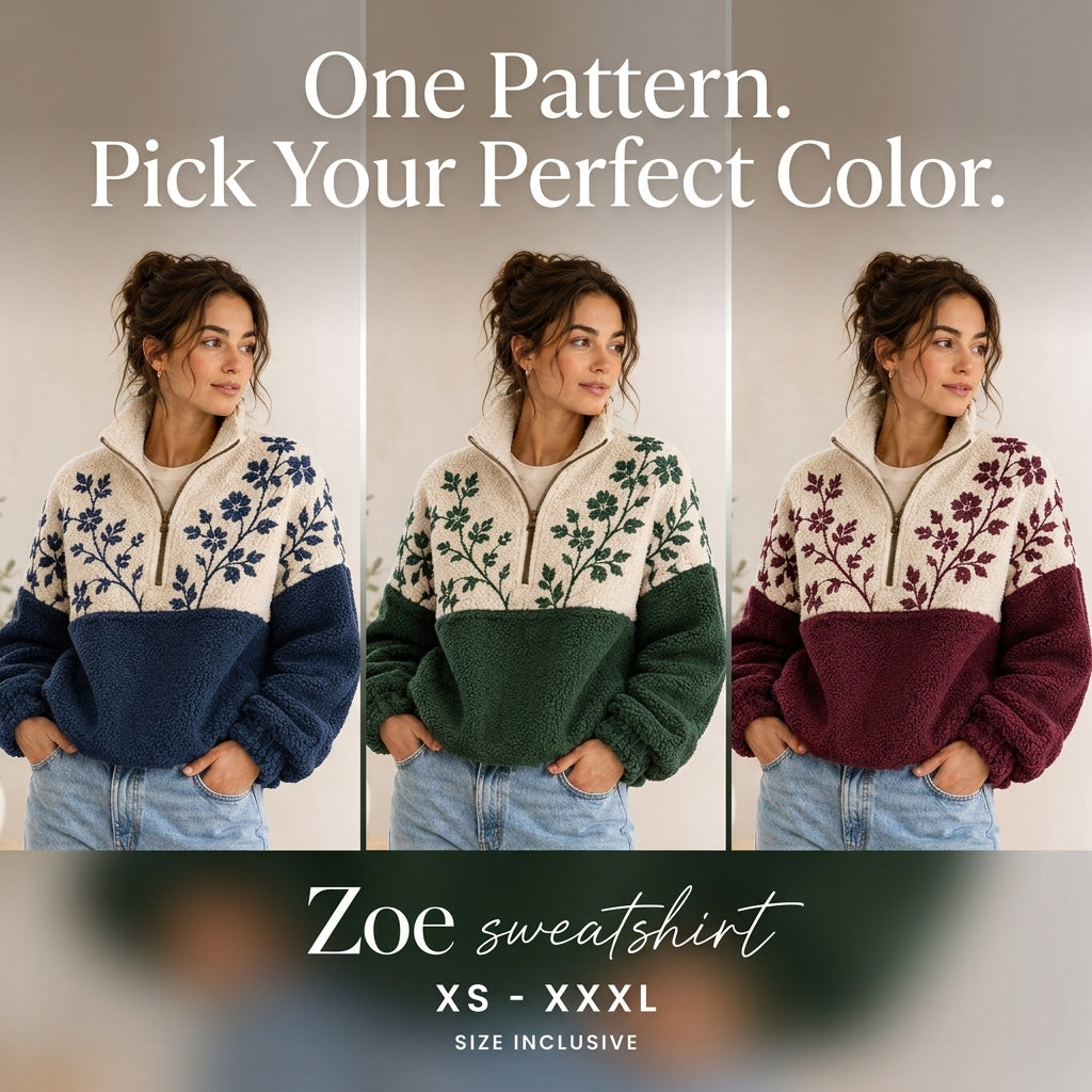 Half-Zip Sweatshirt Sewing Pattern — Colour-Block Sherpa Pullover with Stand Collar, Sizes XS–3XL, A0 and A4 Layered PDF