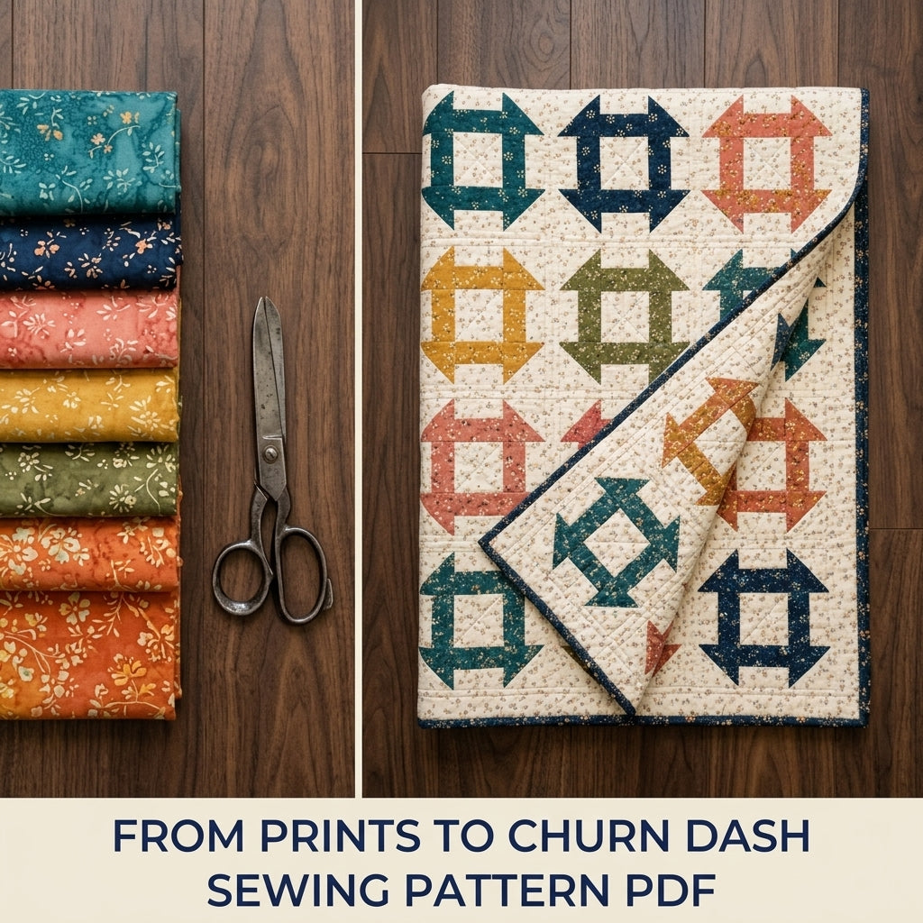 Churn Dash Quilt Pattern PDF – Traditional Throw Quilt with Floral Prints