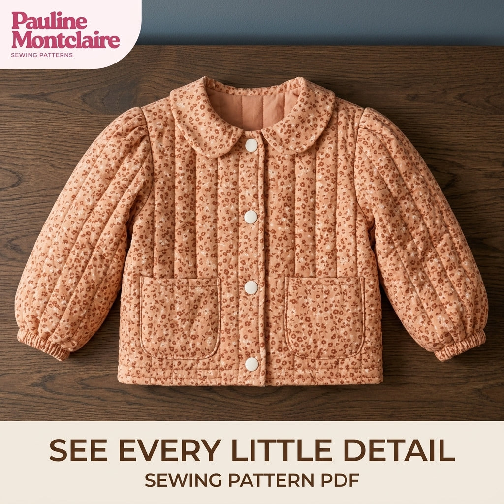 Children's Quilted Collar Jacket Sewing Pattern PDF – Girls' Collar Jacket with Puff Sleeves and Patch Pockets