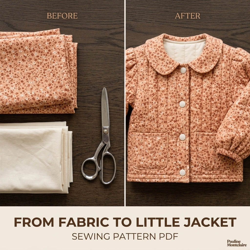 Children's Quilted Collar Jacket Sewing Pattern PDF – Girls' Collar Jacket with Puff Sleeves and Patch Pockets