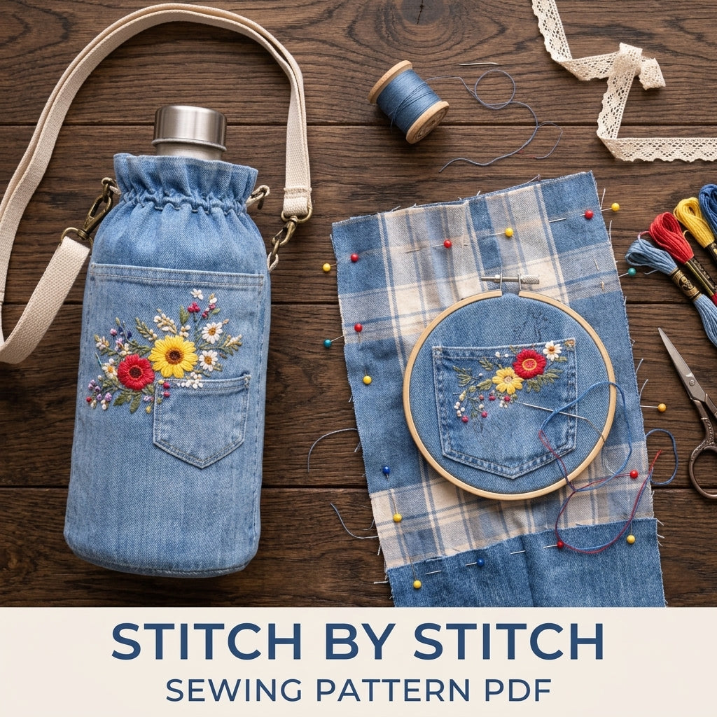 Embroidered Pocket Bottle Bag Sewing Pattern PDF – Upcycled Jeans Bottle Holder