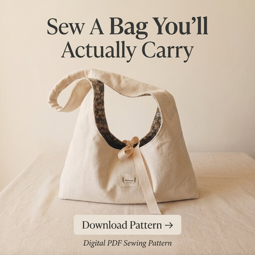 Canvas Hobo Bag Sewing Pattern — Slouchy Shoulder Bag with Bow Tie and Floral Lining, 2 Sizes, PDF Download