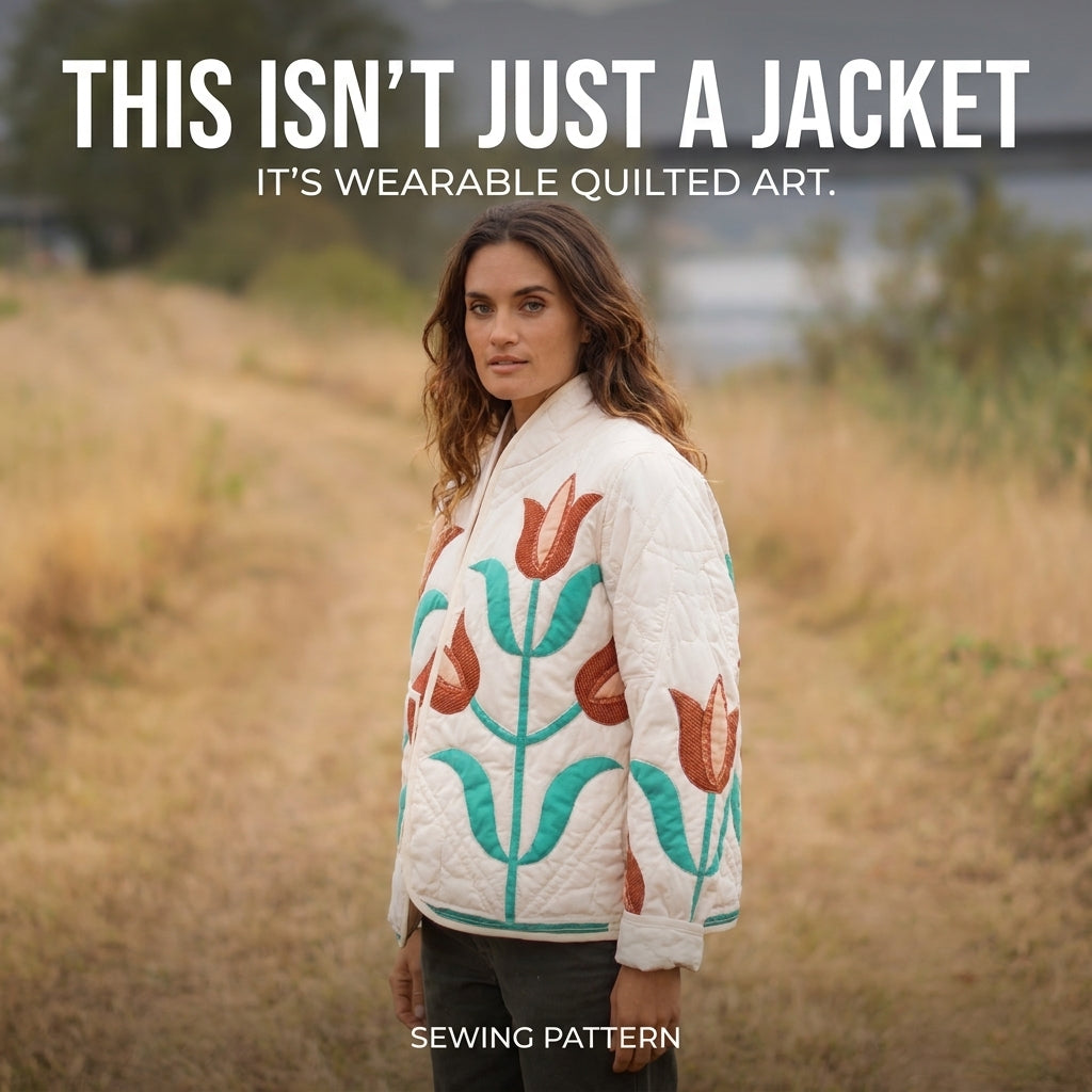 Zip-Front Quilt Jacket Sewing Pattern — Patchwork Bomber with Stand Collar and Shaped Pockets, Sizes XS–3XL, A0 and A4 PDF