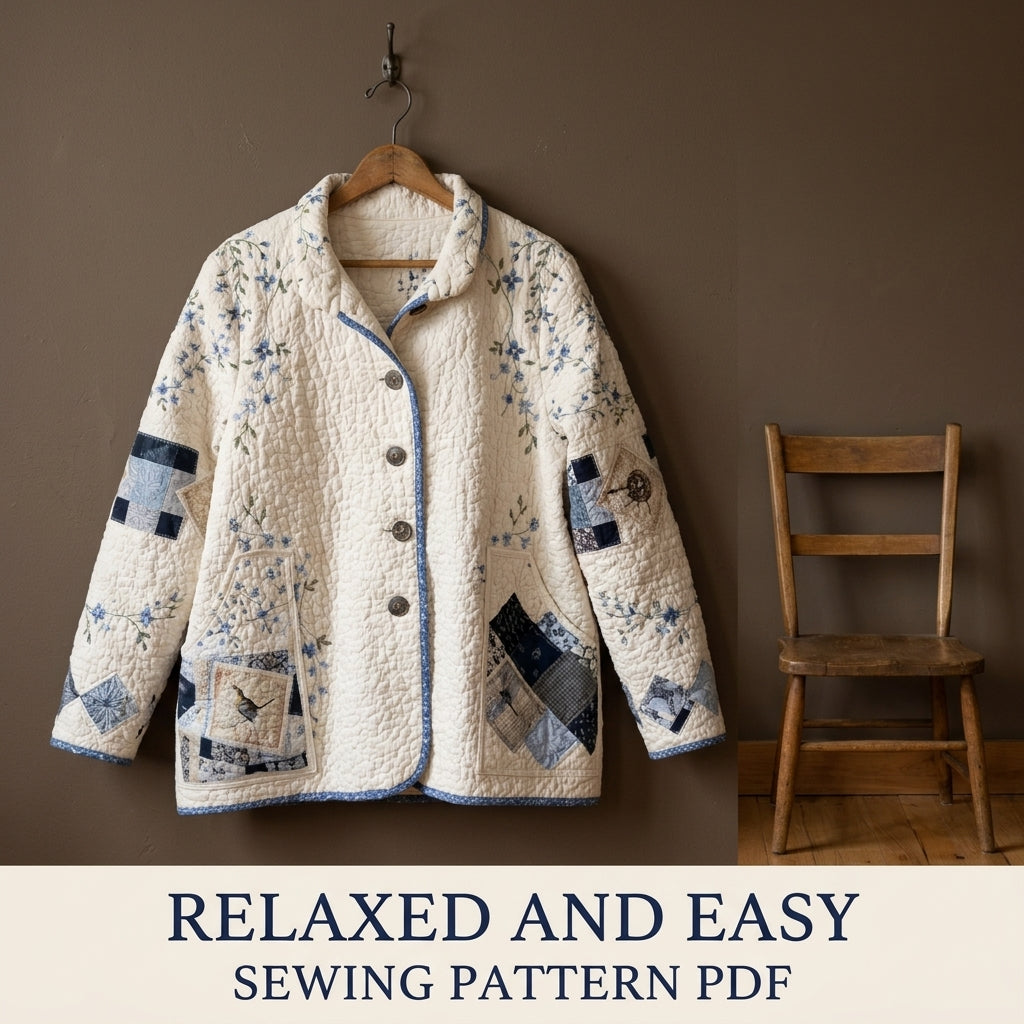 Blue Vine Patchwork Quilt Jacket Sewing Pattern PDF – Relaxed Quilted Jacket