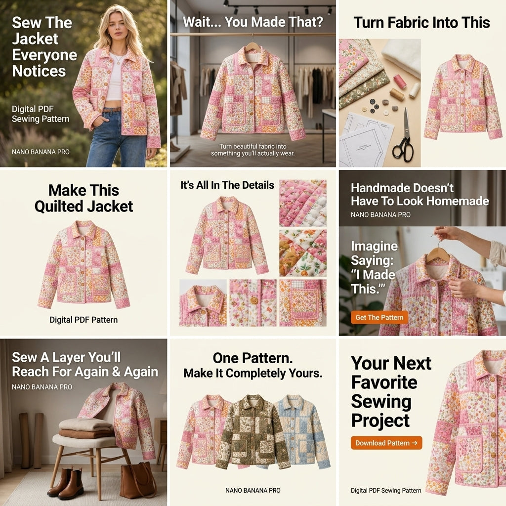 Quilted Patchwork Jacket Sewing Pattern — Oversized Chore Jacket with Collar and Patch Pockets, Sizes XS–3XL, PDF Download