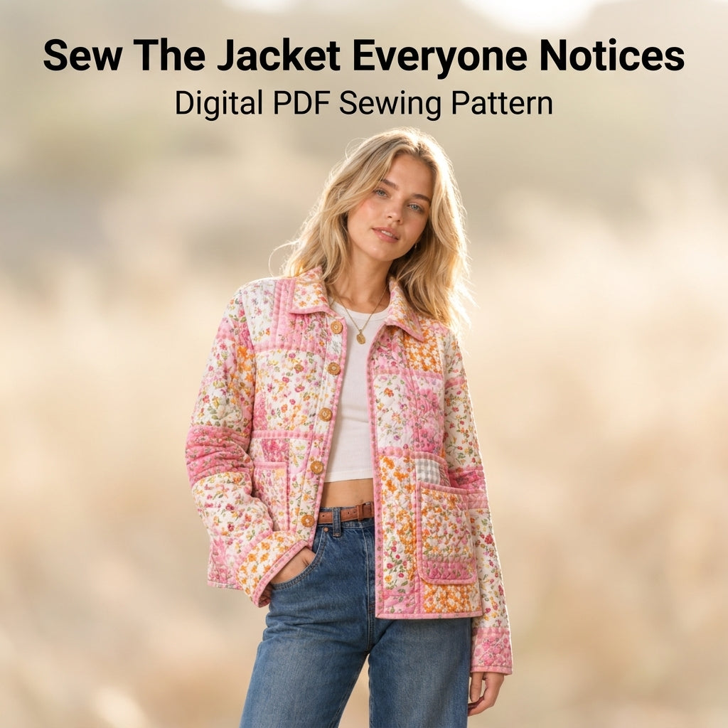 Quilted Patchwork Jacket Sewing Pattern — Oversized Chore Jacket with Collar and Patch Pockets, Sizes XS–3XL, PDF Download