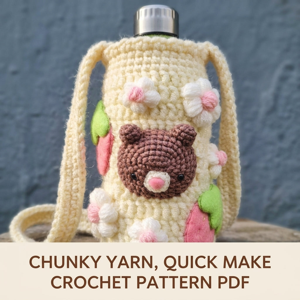 Teddy Bear Bottle Holder Crochet Pattern PDF – Chunky Water Bottle Carrier
