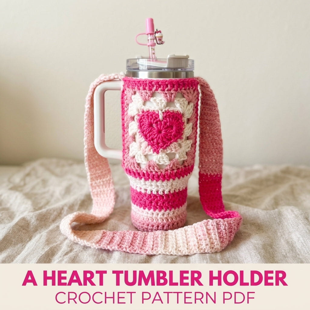 Pink Heart Tumbler Holder Crochet Pattern PDF – Tumbler Carrier with Strap