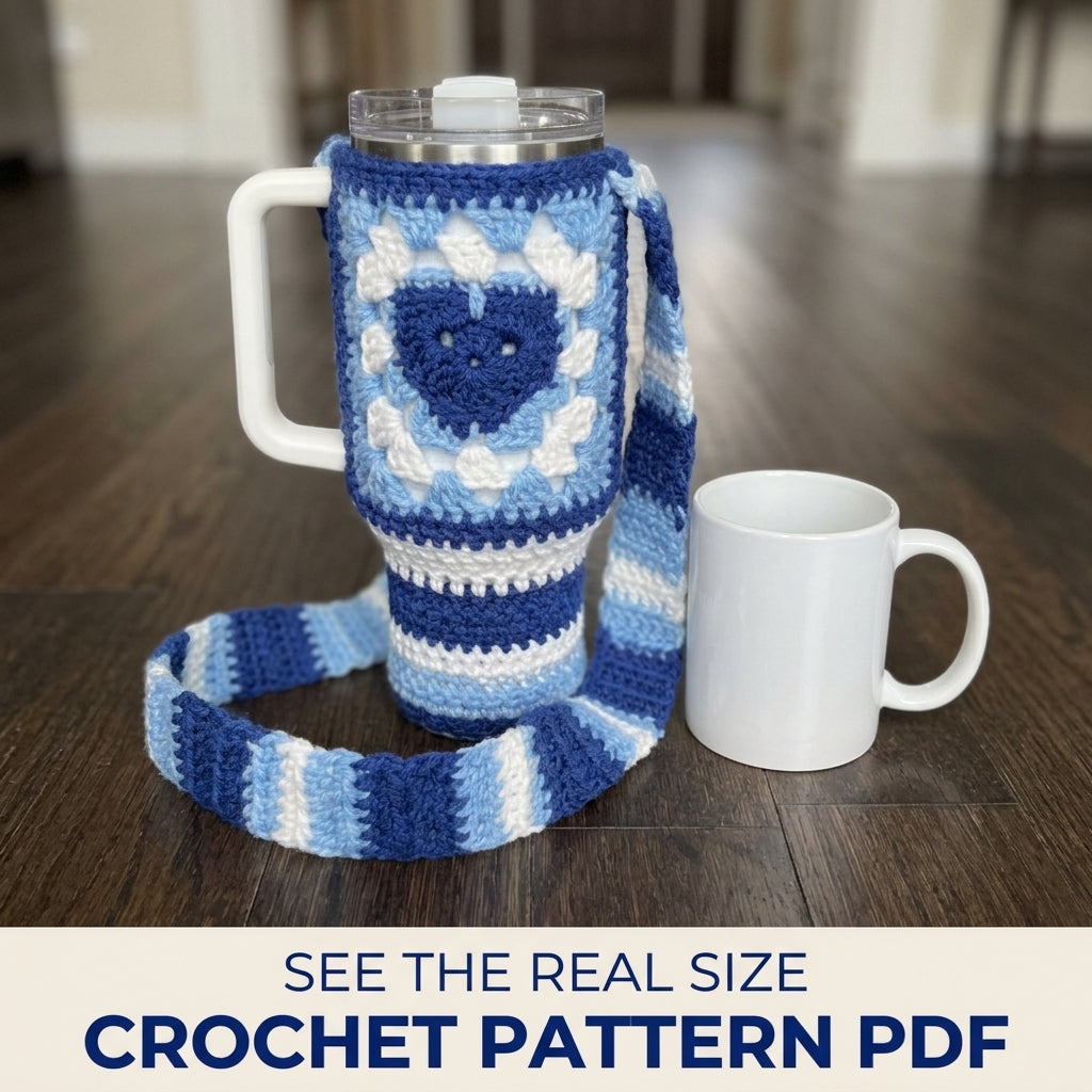 Blue Heart Tumbler Holder Crochet Pattern PDF – Tumbler Carrier with Strap