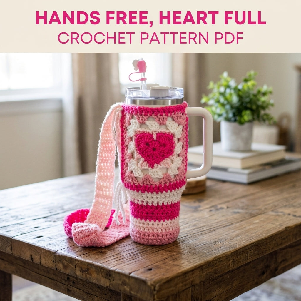 Pink Heart Tumbler Holder Crochet Pattern PDF – Tumbler Carrier with Strap