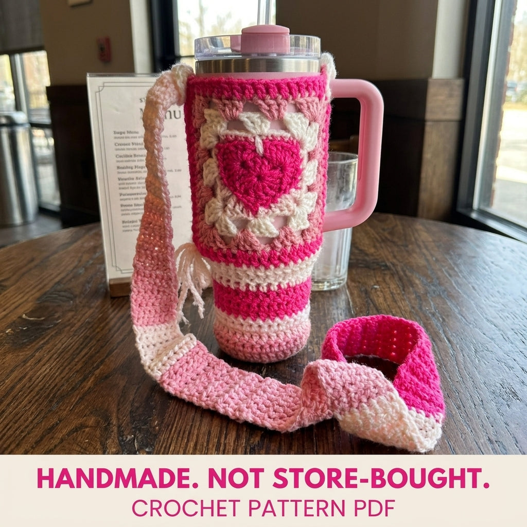 Pink Heart Tumbler Holder Crochet Pattern PDF – Tumbler Carrier with Strap