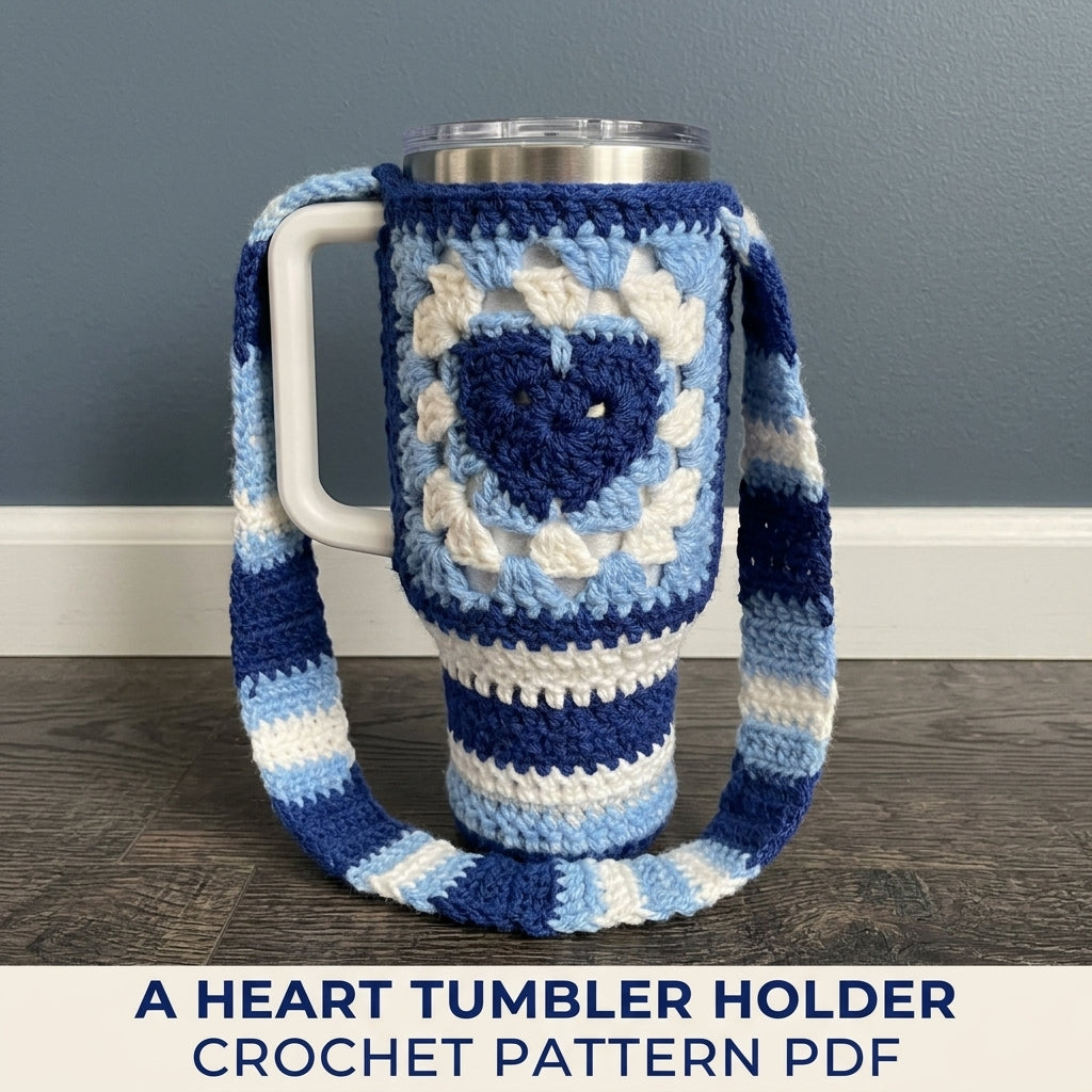 Blue Heart Tumbler Holder Crochet Pattern PDF – Tumbler Carrier with Strap