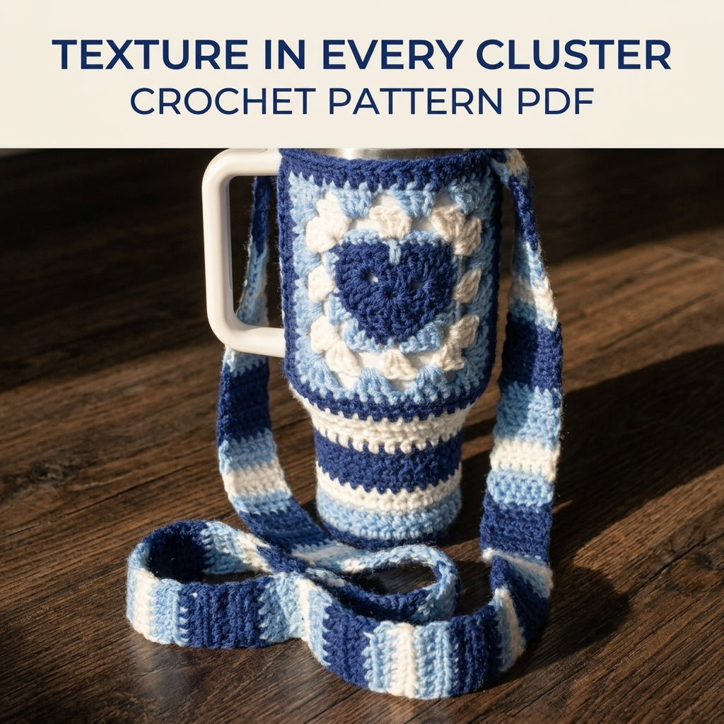 Blue Heart Tumbler Holder Crochet Pattern PDF – Tumbler Carrier with Strap