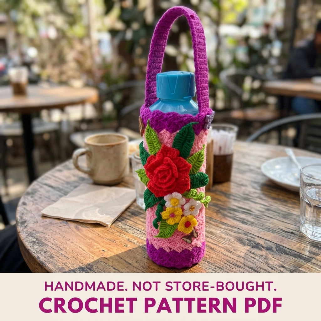Rose Bouquet Bottle Holder Crochet Pattern PDF – Water Bottle Carrier