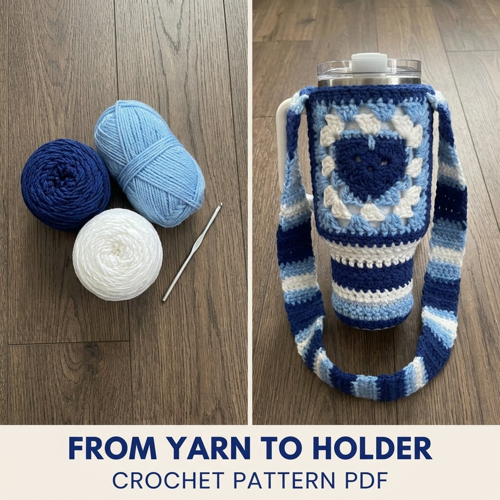 Blue Heart Tumbler Holder Crochet Pattern PDF – Tumbler Carrier with Strap
