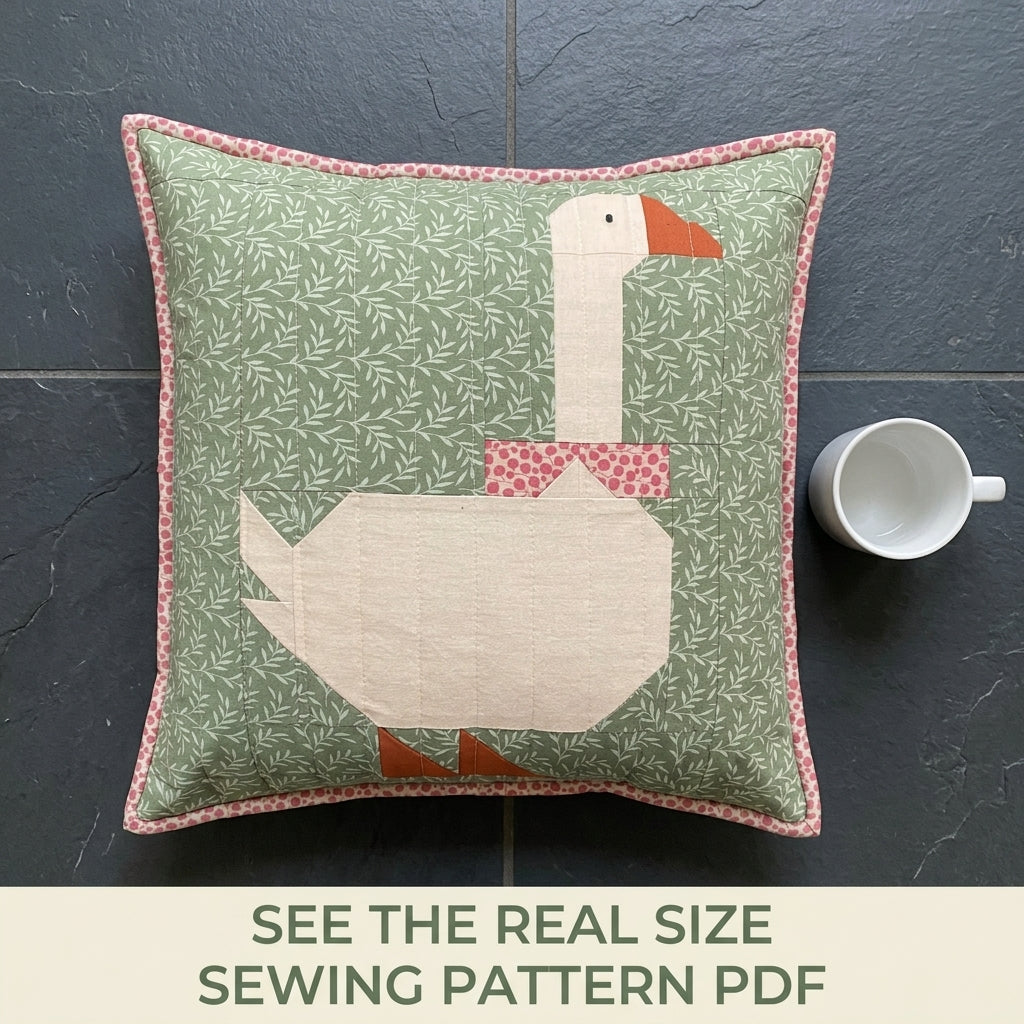 Goose Patchwork Cushion Sewing Pattern PDF – Pieced Goose Pillow with Bow