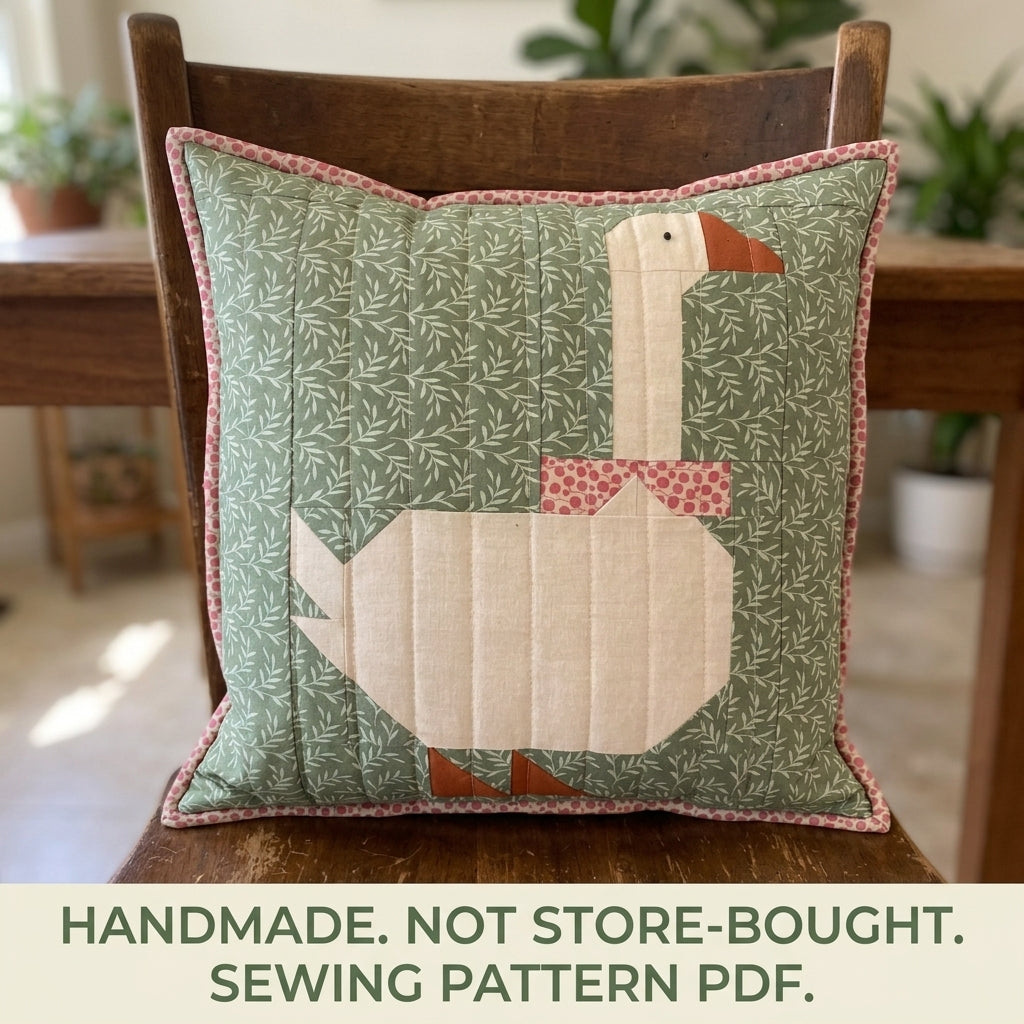 Goose Patchwork Cushion Sewing Pattern PDF – Pieced Goose Pillow with Bow