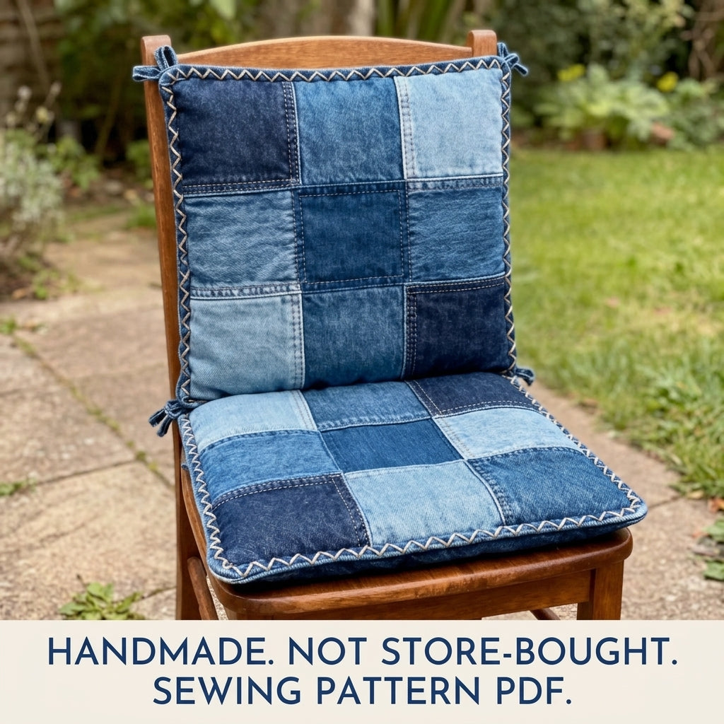 Denim Patchwork Chair Cushion Set Sewing Pattern PDF – Upcycled Jeans Seat Pads