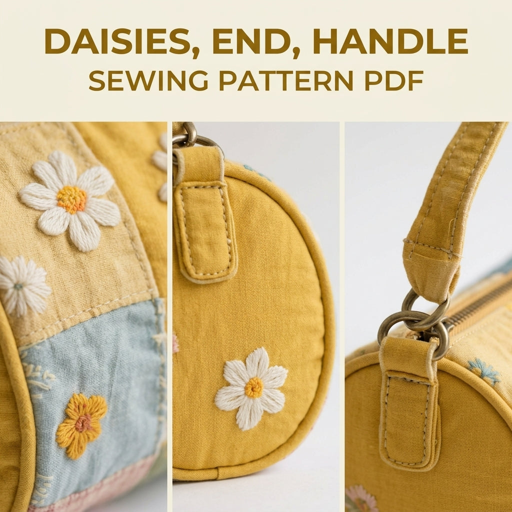 Daisy Patchwork Barrel Bag Sewing Pattern PDF – Quilted Cylinder Handbag with Zip