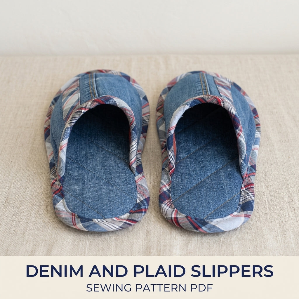 Denim Plaid Slippers Sewing Pattern PDF – Upcycled Jeans House Slippers