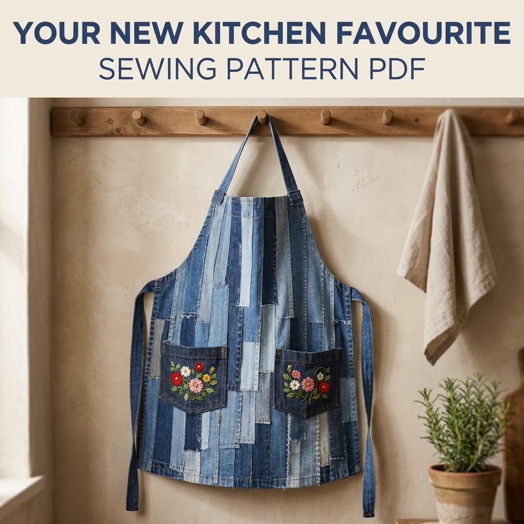 Denim Strip Patchwork Apron Sewing Pattern PDF – Upcycled Jeans Kitchen Apron