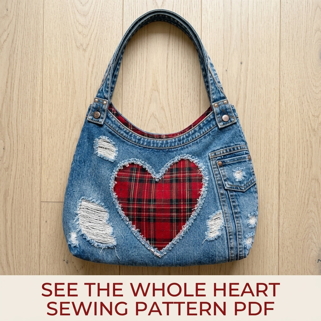 Tartan Heart Denim Hobo Bag Sewing Pattern PDF – Upcycled Jeans Bag with Plaid Heart