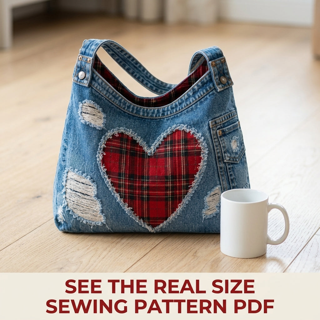 Tartan Heart Denim Hobo Bag Sewing Pattern PDF – Upcycled Jeans Bag with Plaid Heart