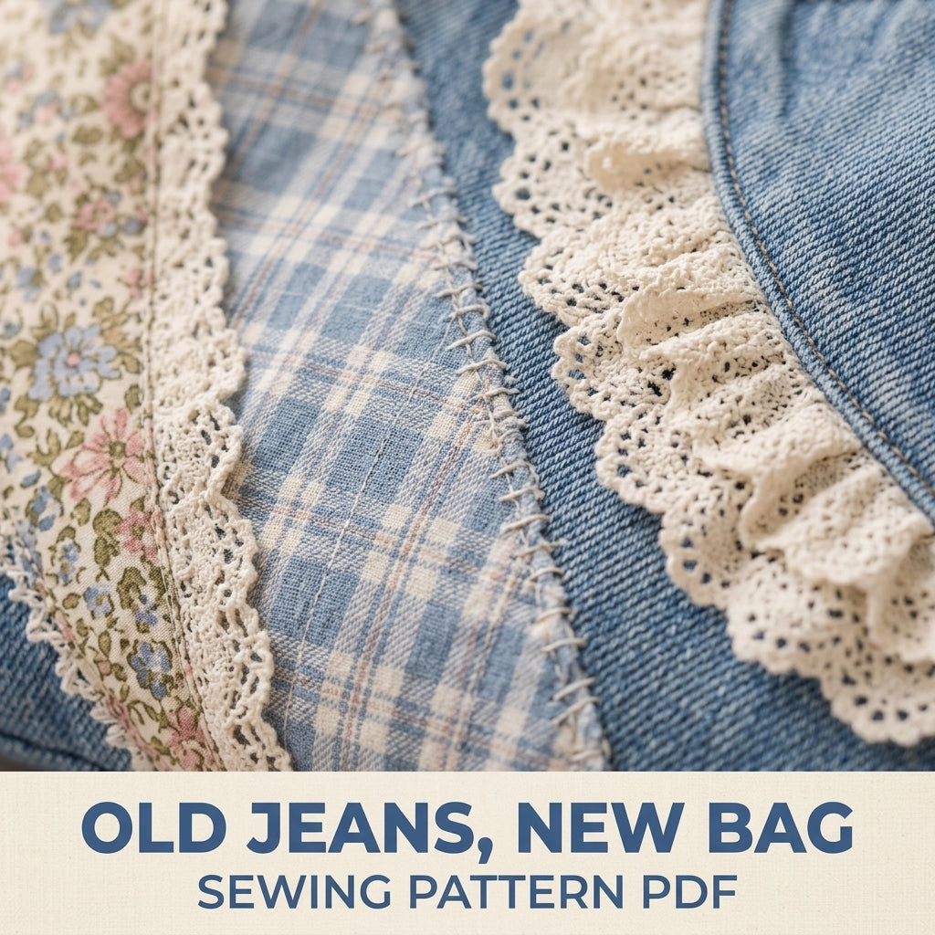 Lace Patchwork Denim Shoulder Bag Sewing Pattern PDF – Upcycled Jeans Bag with Lace
