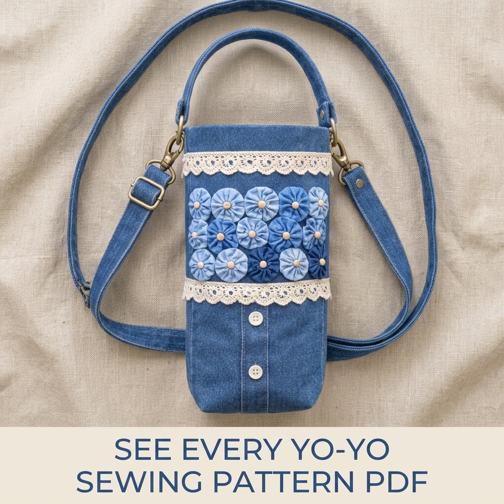 Yo-Yo Flower Denim Bottle Bag Sewing Pattern PDF – Crossbody Water Bottle Holder