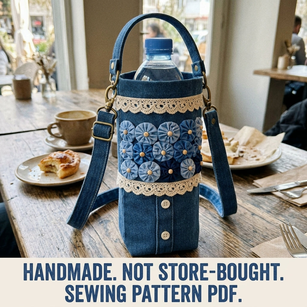 Yo-Yo Flower Denim Bottle Bag Sewing Pattern PDF – Crossbody Water Bottle Holder