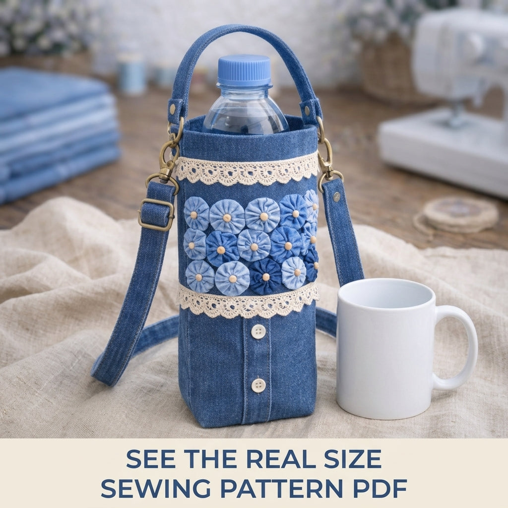 Yo-Yo Flower Denim Bottle Bag Sewing Pattern PDF – Crossbody Water Bottle Holder