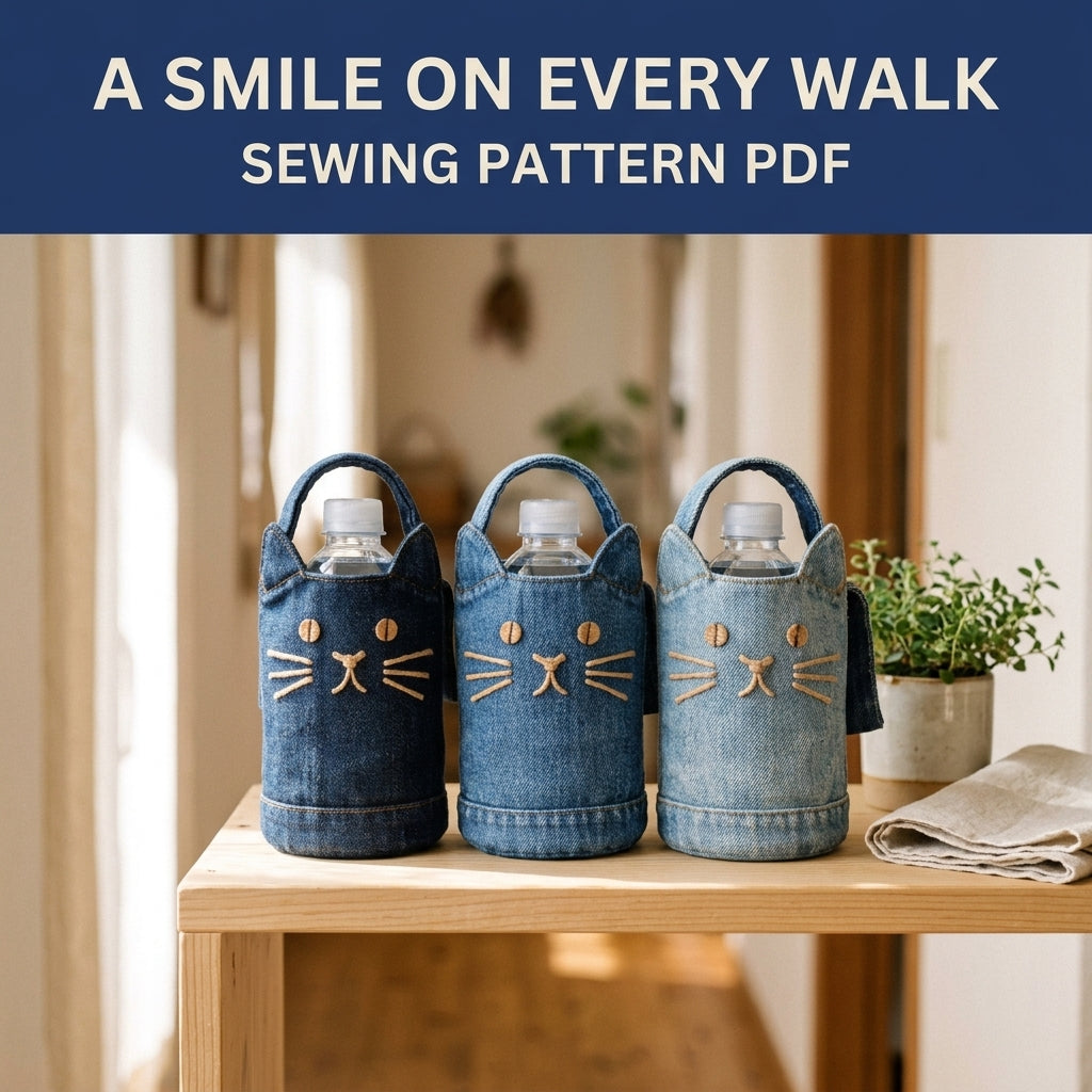 Denim Cat Bottle Bag Sewing Pattern PDF – Upcycled Jeans Water Bottle Holder